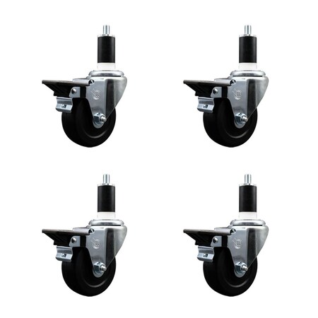 Service Caster 3.5'' Hard Rubber Swivel 1-3/8'' Expanding Stem Caster Set with Brake, 4PK SCC-EX20S3514-HRS-PLB-138-4